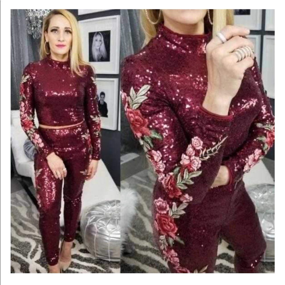 Burgundy Embroidered Detailed Sequin Set